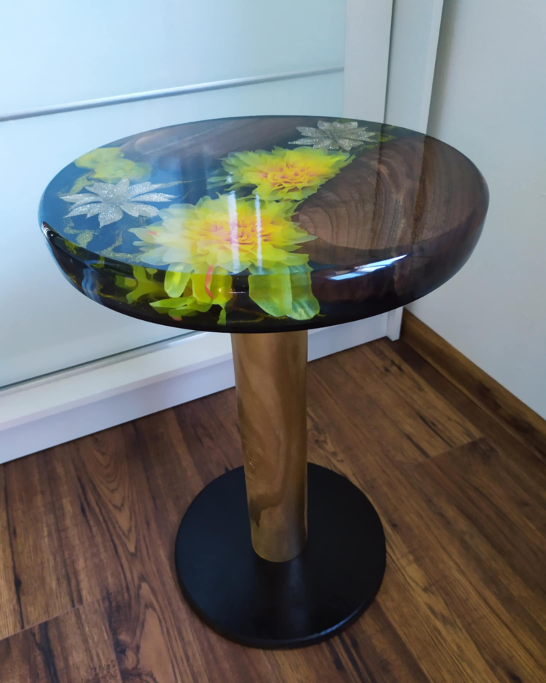 Yellow Flowers, Wood, and Resin
